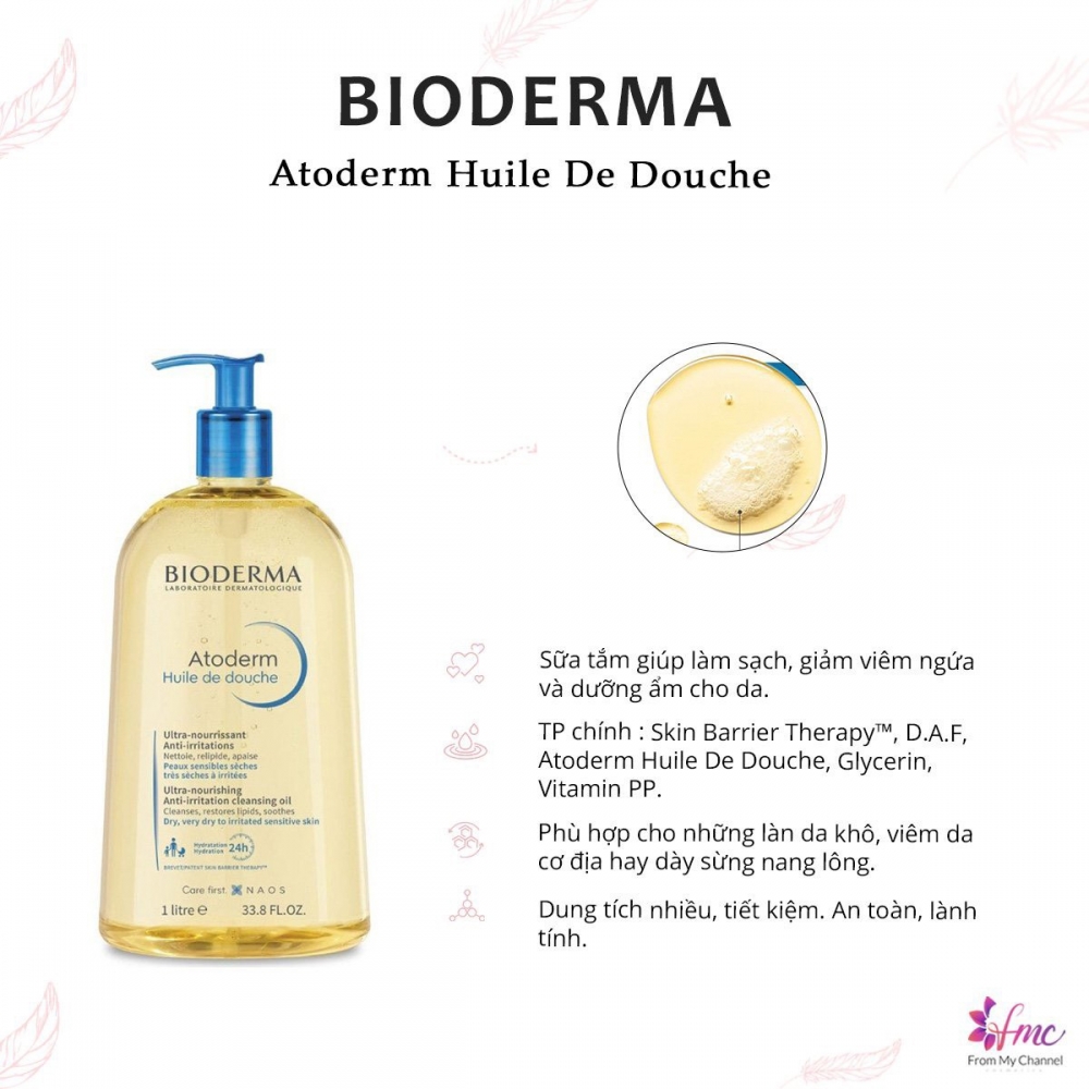 Dầu Tắm dành cho da khô nhạy cảm -  Bioderma Atoderm Huile De Douche 1 lít