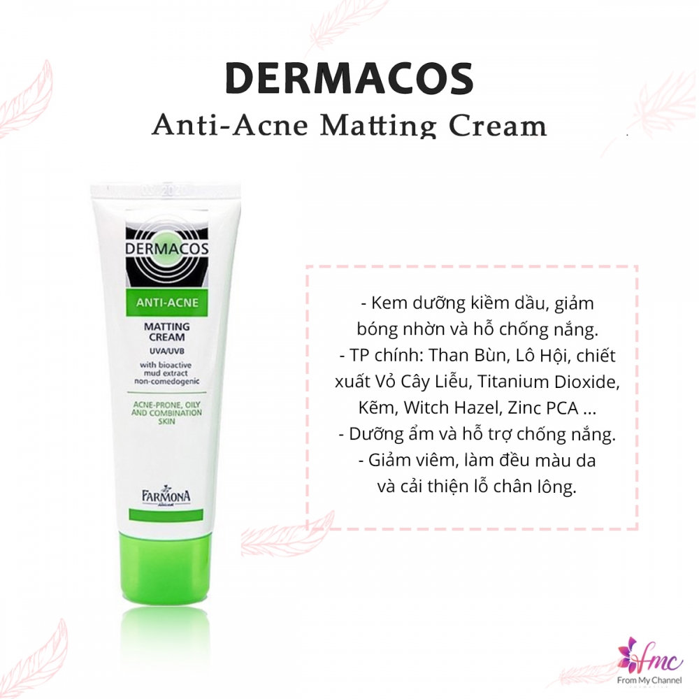 Kem Dưỡng Kiềm Dầu, Chống Nắng Dermacos Anti-Acne Matting Cream 50Ml