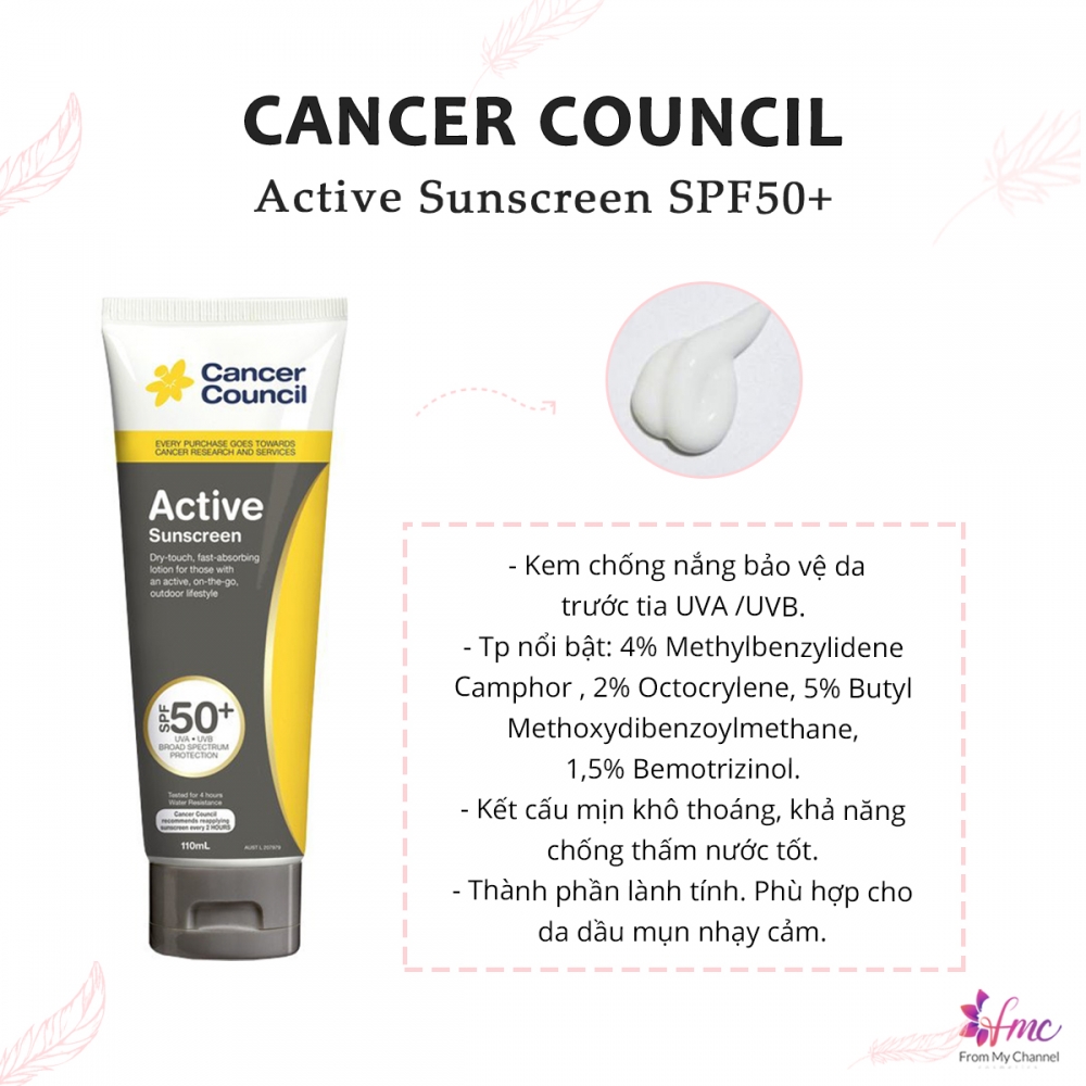 Kem chống nắng Cancer Council Active Dry Touch SPF50+ cho da dầu mụn nhạy cảm 110ml
