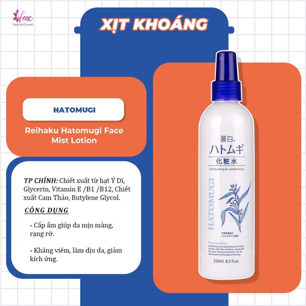 Xịt Khoáng Hatomugi Reihaku Hatomugi Face Mist Lotion ý dĩ dưỡng ẩm và làm sáng da 250ml