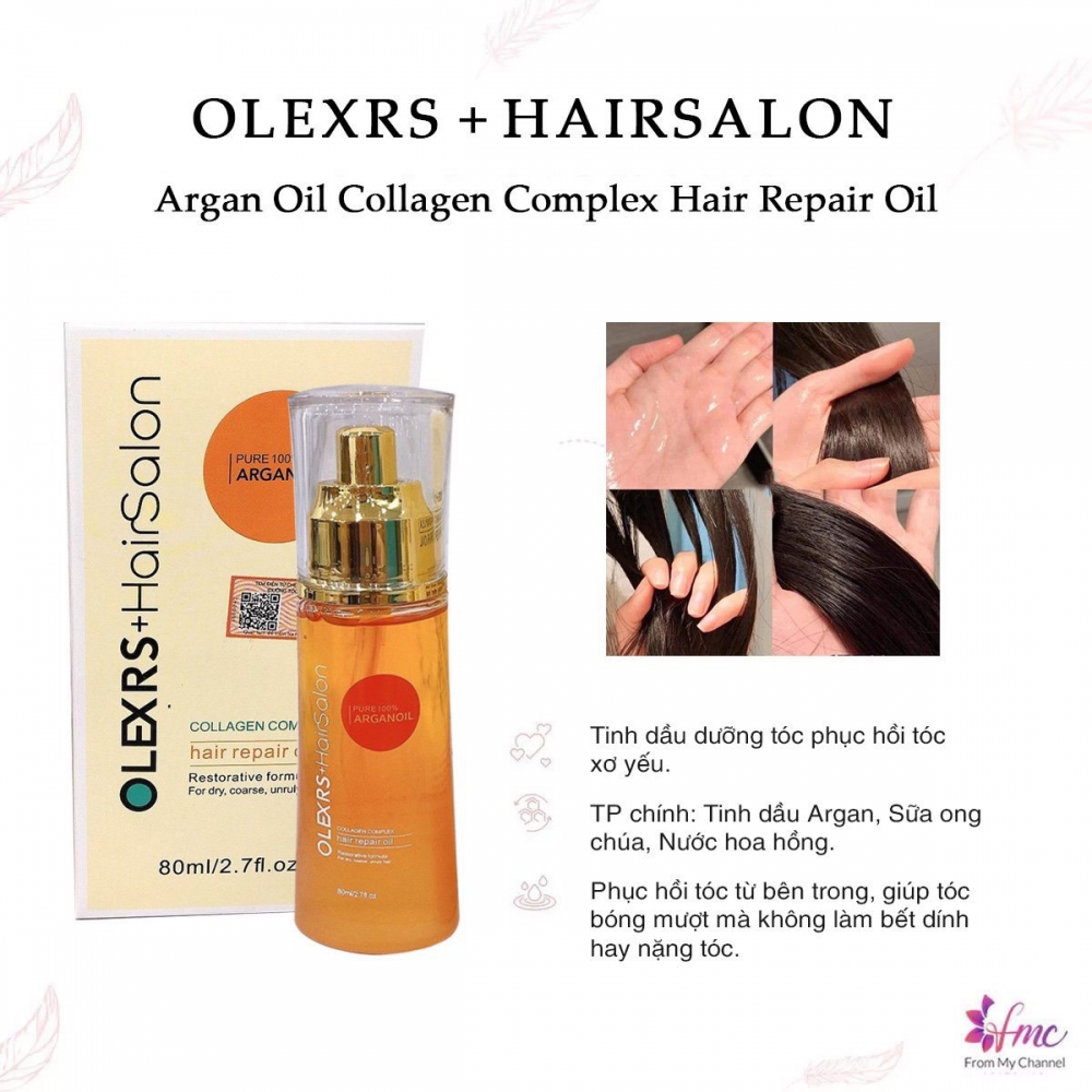 Tinh dầu dưỡng tóc Olexrs HairSalon Pure 100% Argan Oil Collagen Complex Hair Repair Oil 80ml