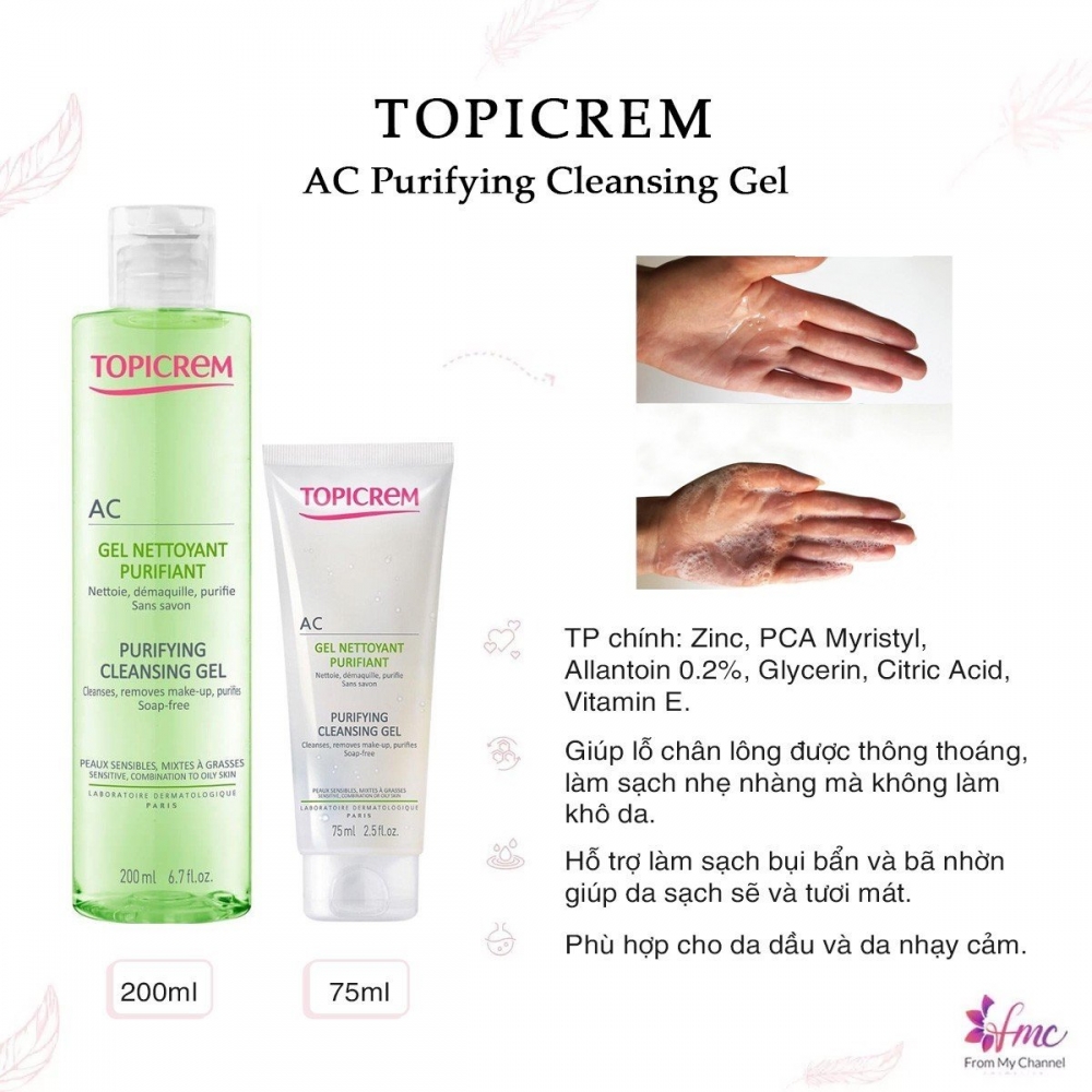 Sữa rửa mặt dành cho da nhờn, mụn Topicrem AC Purifying Cleansing Gel 75ml và 200ml