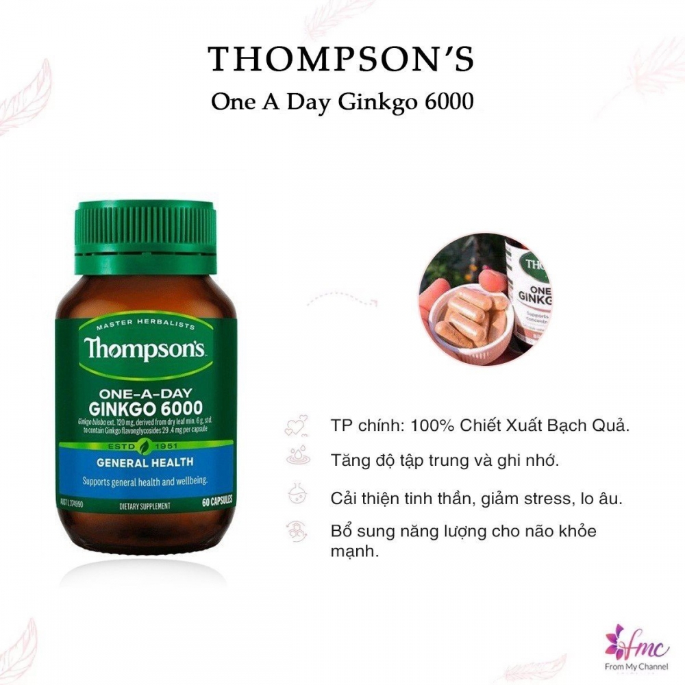 Viên uống tuần hoàn máu não Thompson’s Ginkgo 6000mg 60 viên